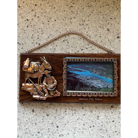 Other - Vintage Dawson City Yukon Souvenir‎ Plaque Copper Prospector Mule Wood Wall Art